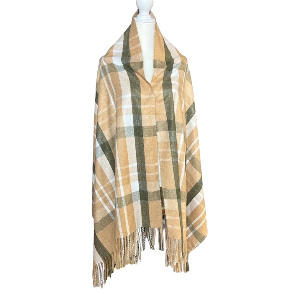 Oversized Plaid Cashmere Blend Blanket Scarf Tan Green Fringe Wrap Shawl